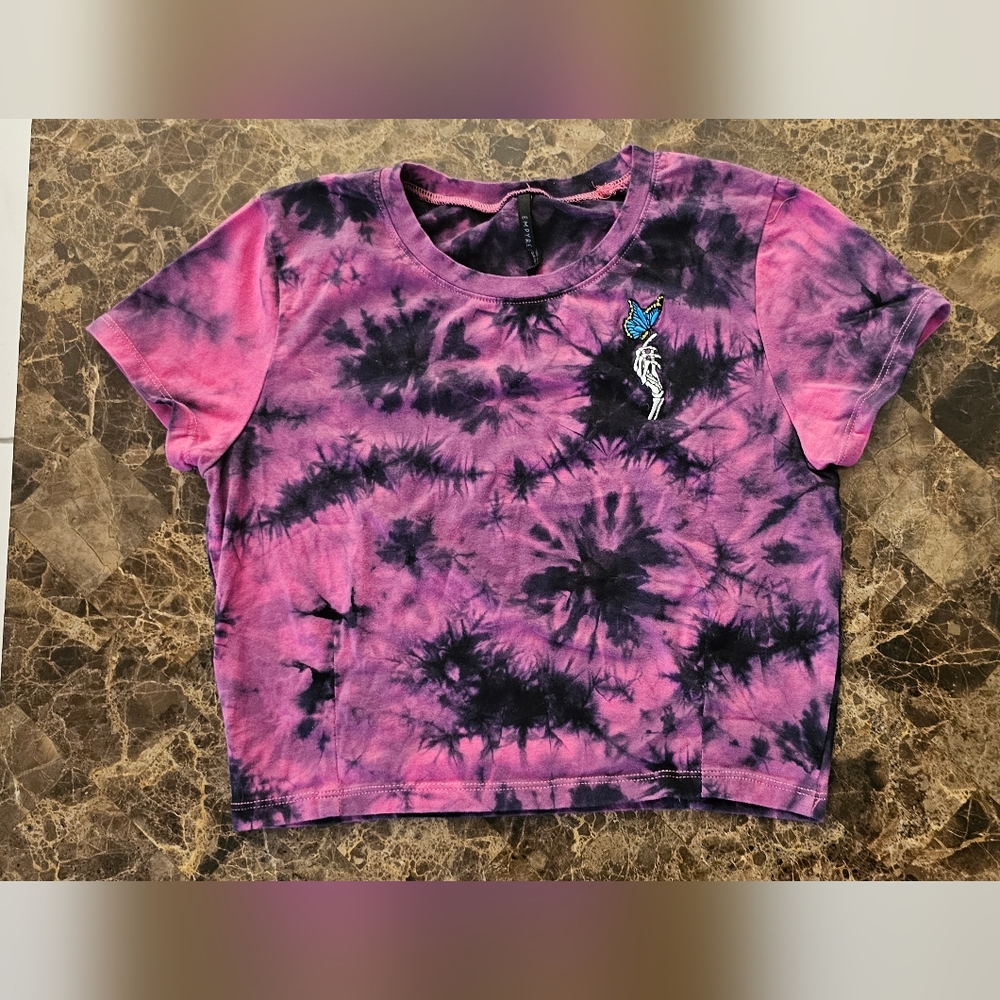 COPY - Empire, large tiedye purple crop top with butterfly and skeleton arm.
